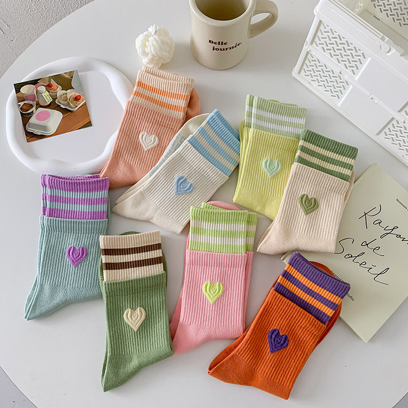 Multicolour Striped Heart Crew Socks (8 Colours)