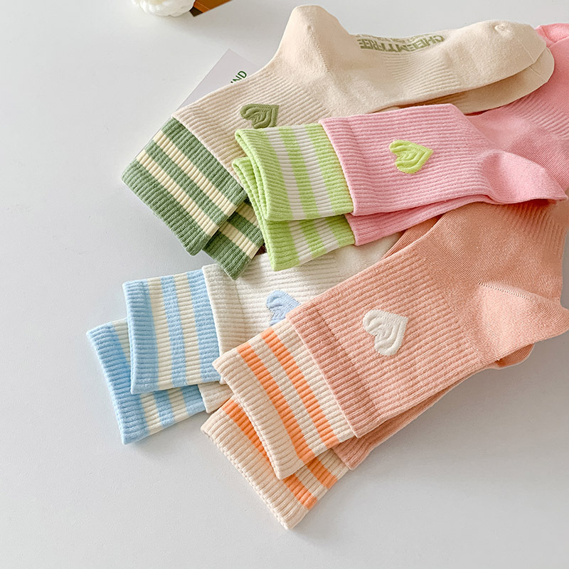 Multicolour Striped Heart Crew Socks (8 Colours)