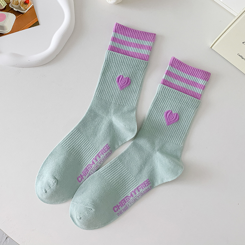 Multicolour Striped Heart Crew Socks (8 Colours)