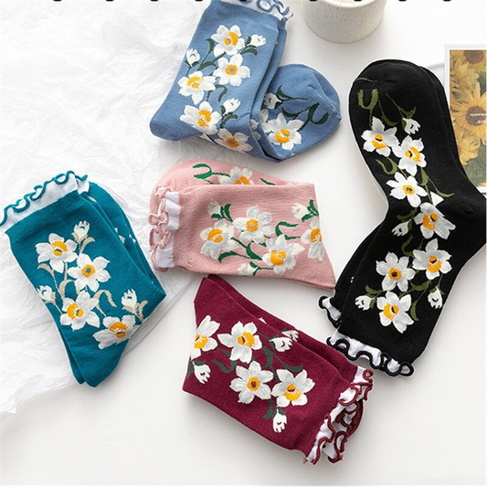 Ruffle Flower Crew Socks (5 Colours)