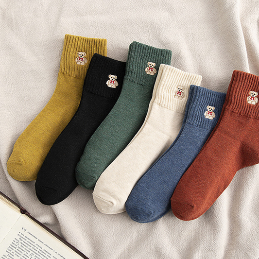 Teddy Bear Embroidery Crew Socks (10 Colours)