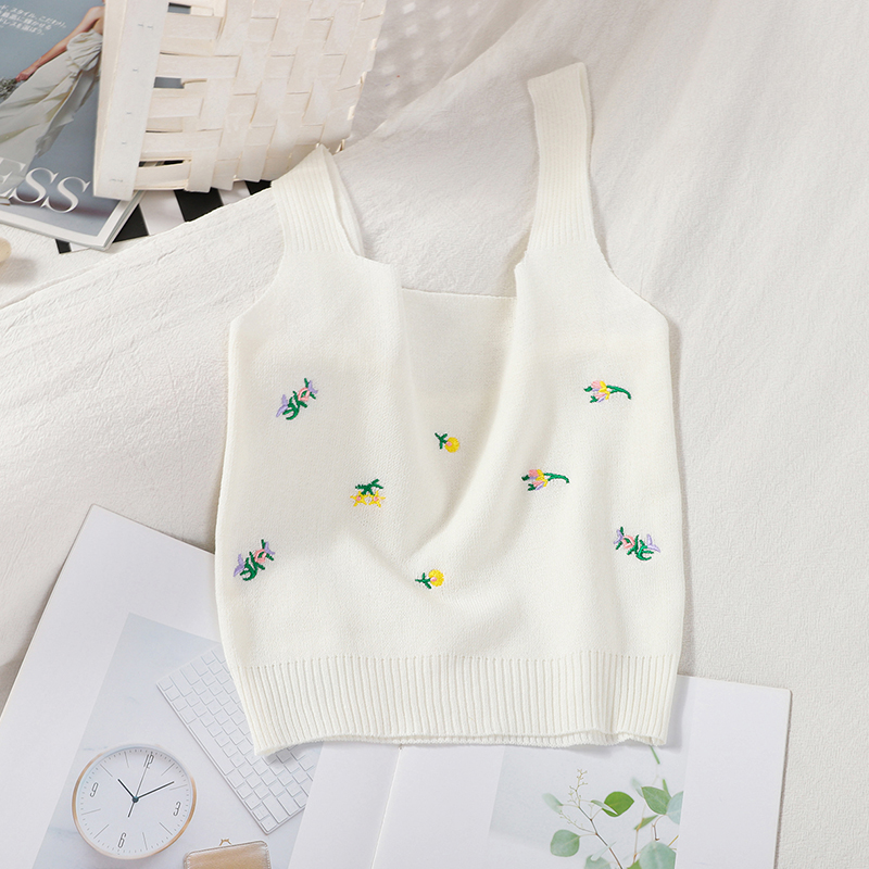 Neon Flower Embroidery Knit Tank Top (6 Colours)