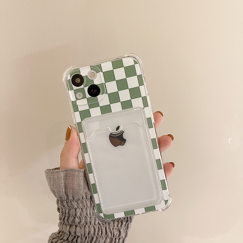 Green Checkerboard iPhone Case with Photo Card Slot Ice Cream Cake