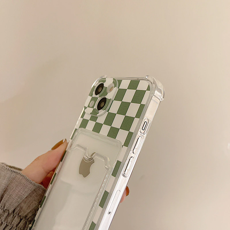 Green Checkerboard iPhone Case with Photo Card Slot