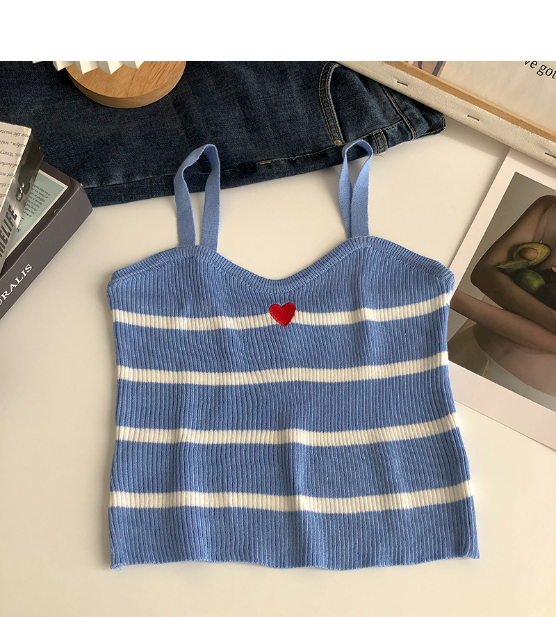 Heart Embroidery Stripe Knit Spaghetti Strap Top (5 Colours)