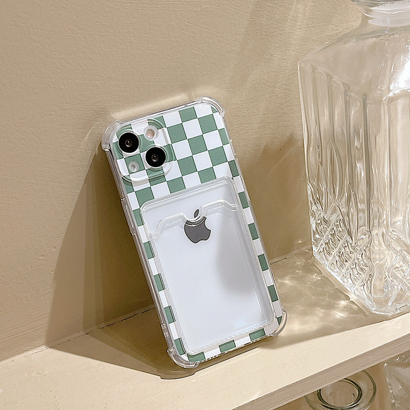 Green Checkerboard iPhone Case with Photo Card Slot