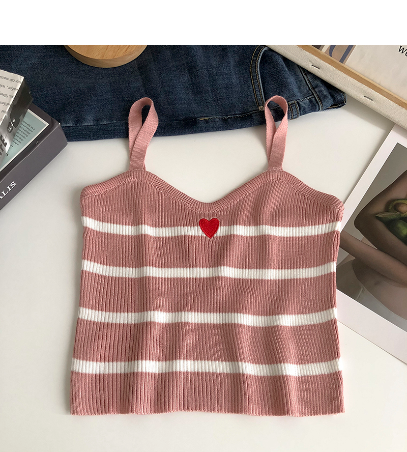 Heart Embroidery Stripe Knit Spaghetti Strap Top (5 Colours)
