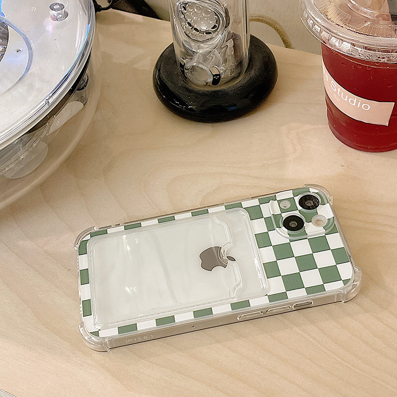 Green Checkerboard iPhone Case with Photo Card Slot