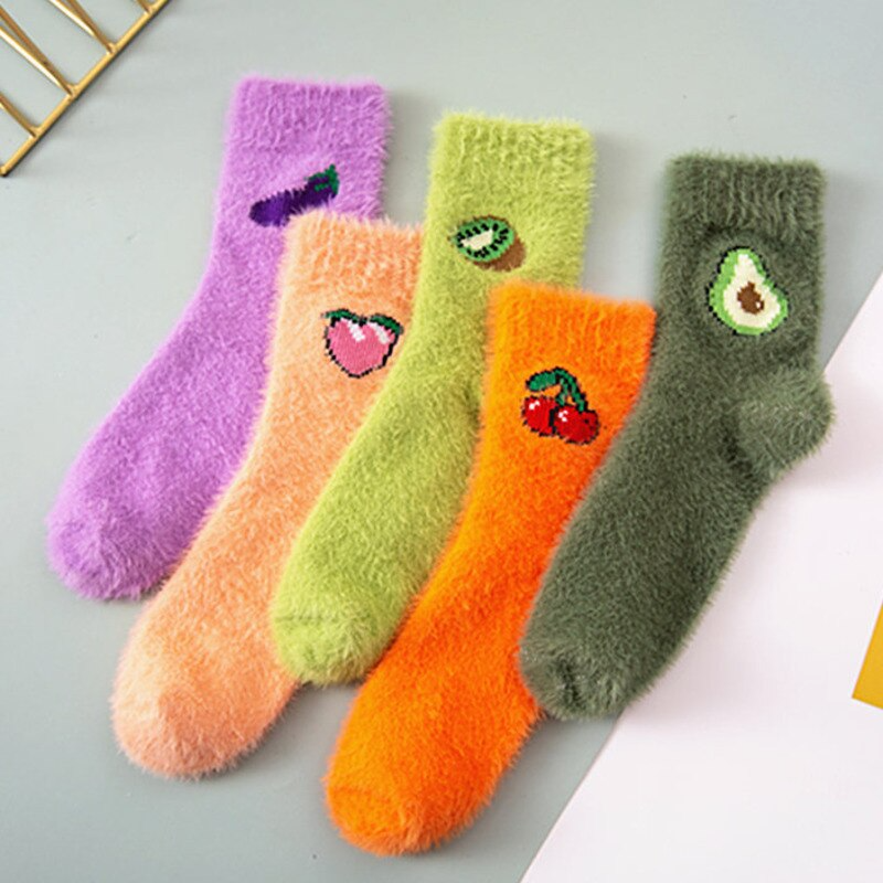 Fuzzy Fruit Embroidery Crew Socks (5 Designs)