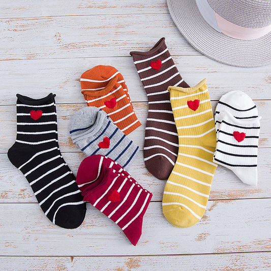 Striped Heart Embroidery Ankle Socks (7 Colours) - Ice Cream Cake