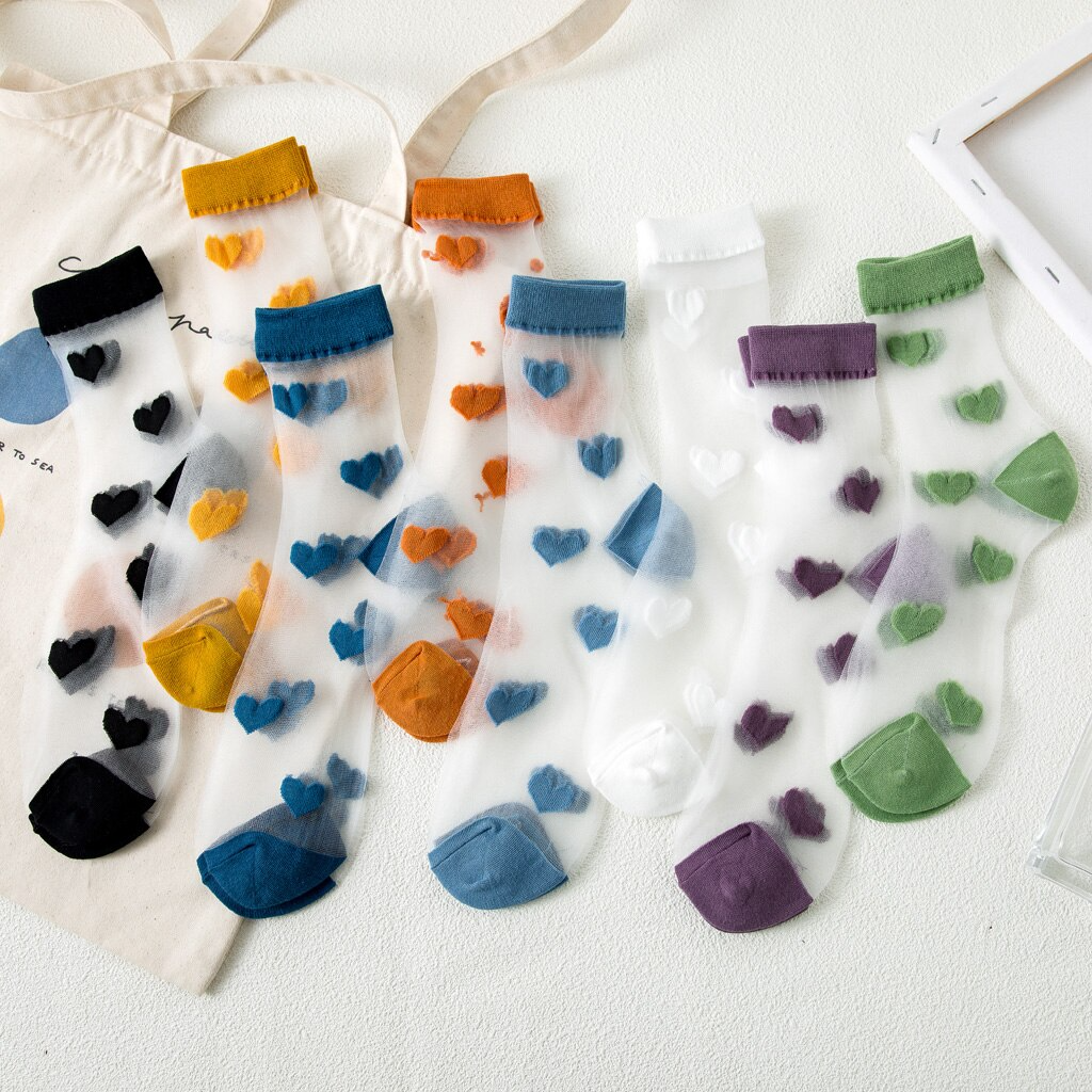 Transparent Heart Pattern Crew Socks (8 Colours)